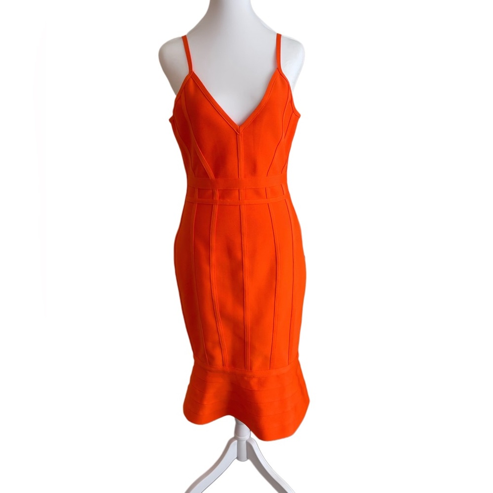 Orange Ruffled Midi Sheath Bandage Dress